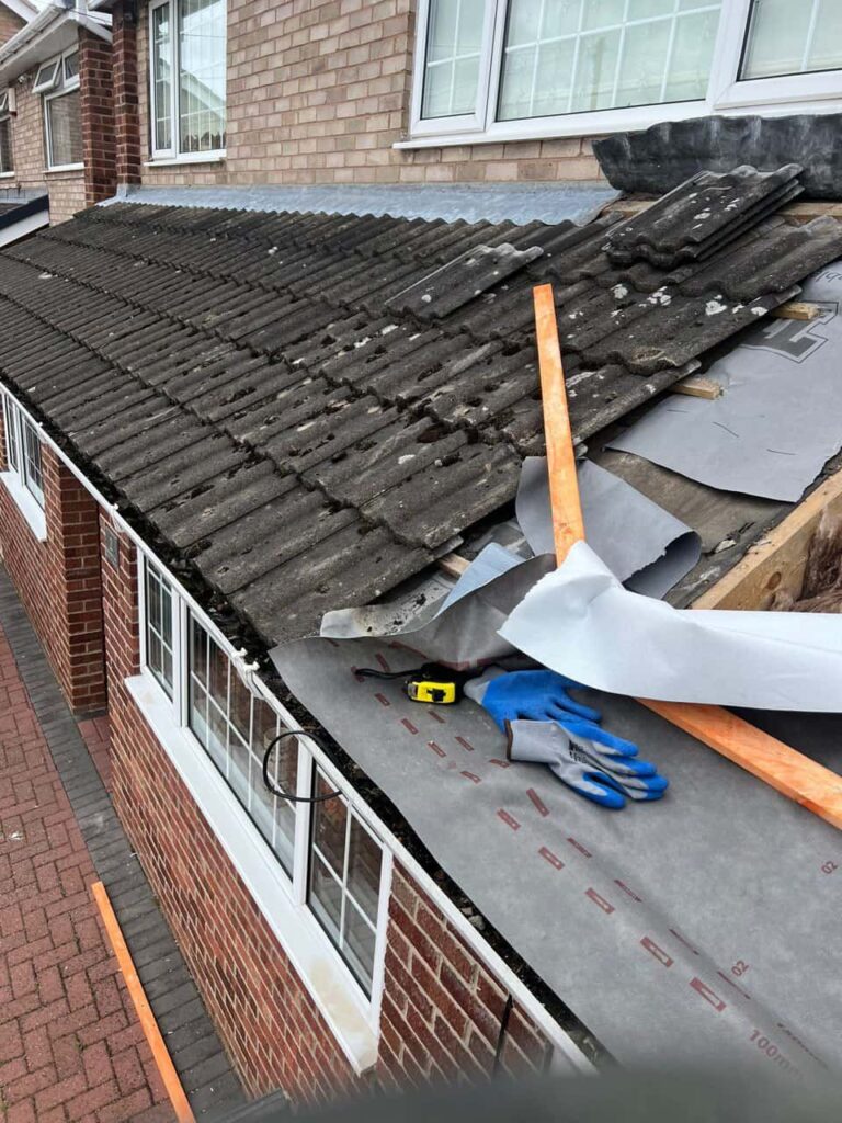 This is a photo of a pitched roof which is being repaired. The existing roof was leaking badly. Works carried out by Thurmaston Roofing Repairs